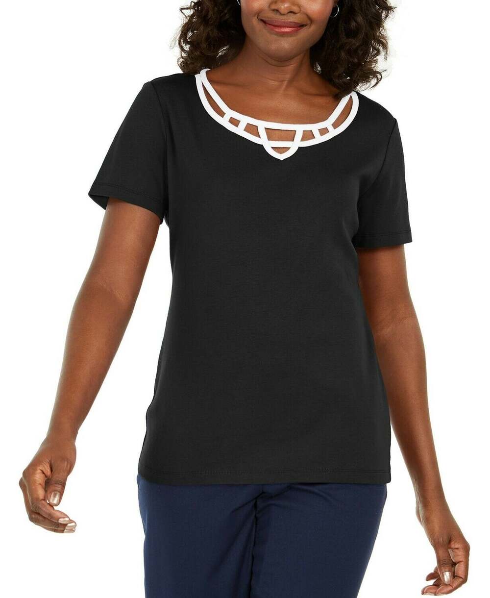 Karen Scott NWT Cotton Short Sleeve Lattice-Trim Blouse Top Deep Black PL